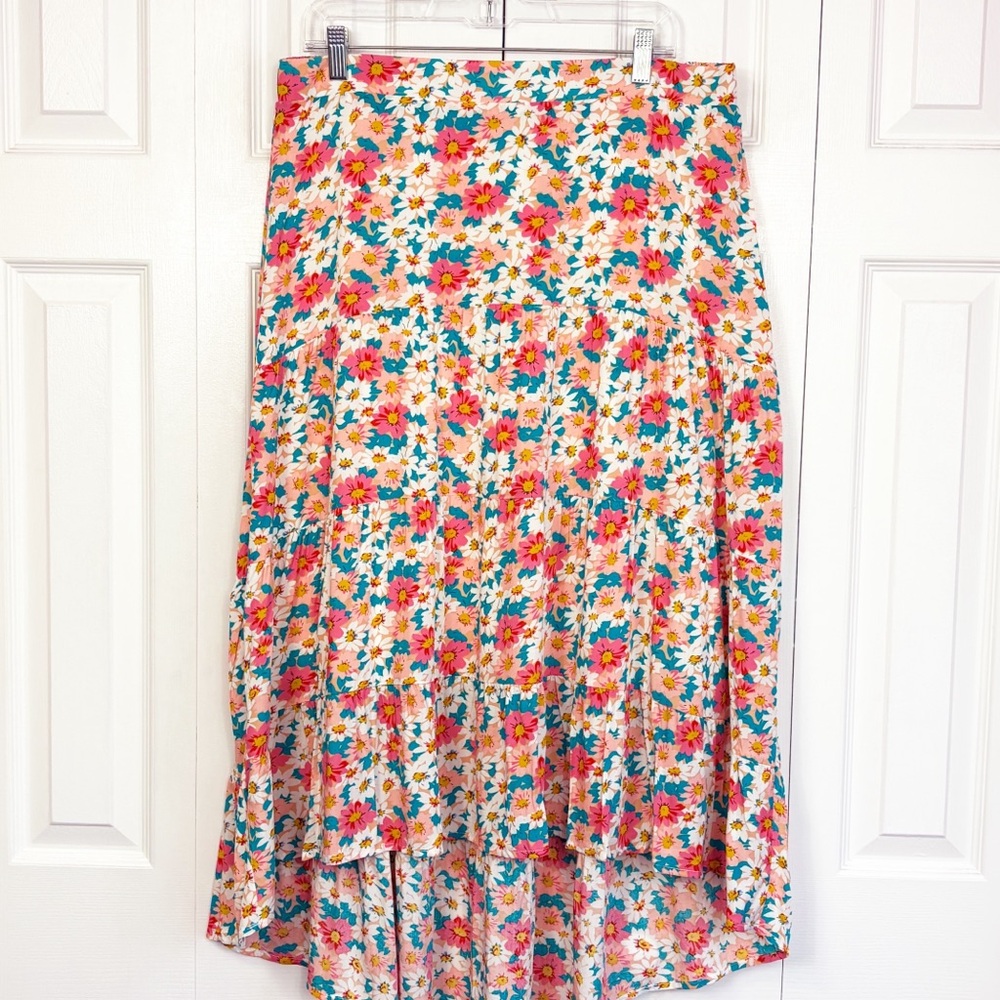 NWT Prettygarden Pink Multi Floral Fairy Boho Tiered High-Low Skirt XL